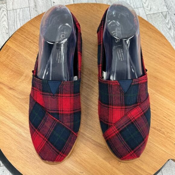 Toms Tartan Plaid Flannel Alpargata Slip On Flats Shoes Red Blue 9 - Picture 5 of 12